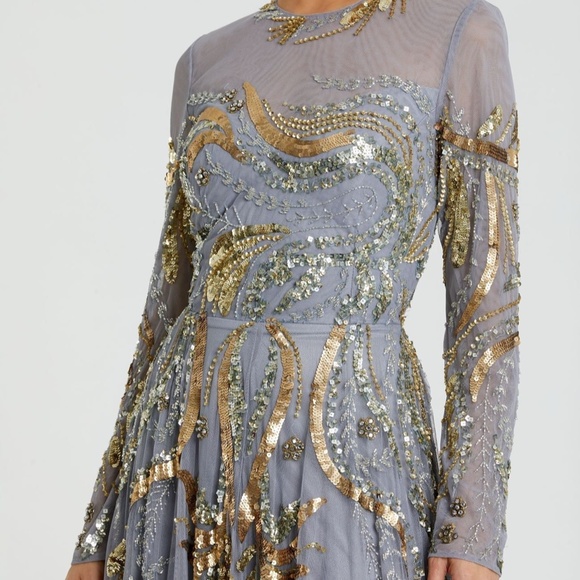 MAC DUGGAL Blue and Gold Long Sleeve Embellished Illusion Evening Gown - Picture 3 of 3